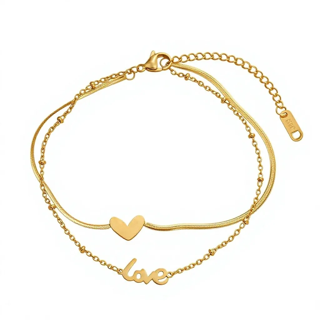 Chaîne de cheville réglable en acier inoxydable pour femme, double couche, motif cœur doré et perles serpent, idéale pour la plage et l'été
